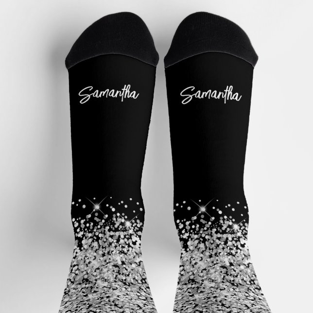 Chaussette Glittery Silver Black Glam Brush Nom du script (Haut)