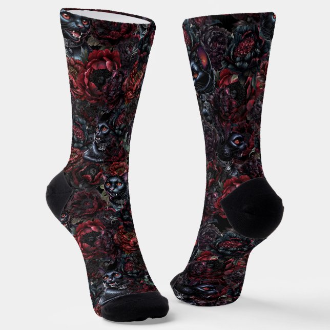 Chaussette Gothic Black Cat & Dark Flowers Pattern  (Angulaire)