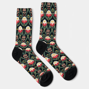 Chaussette Gras Rouge & Blanc Fleurs Protea Chaussettes Black