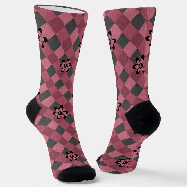 Chaussette Gray rose géométrique à damiers motif avec fleurs (Angulaire)