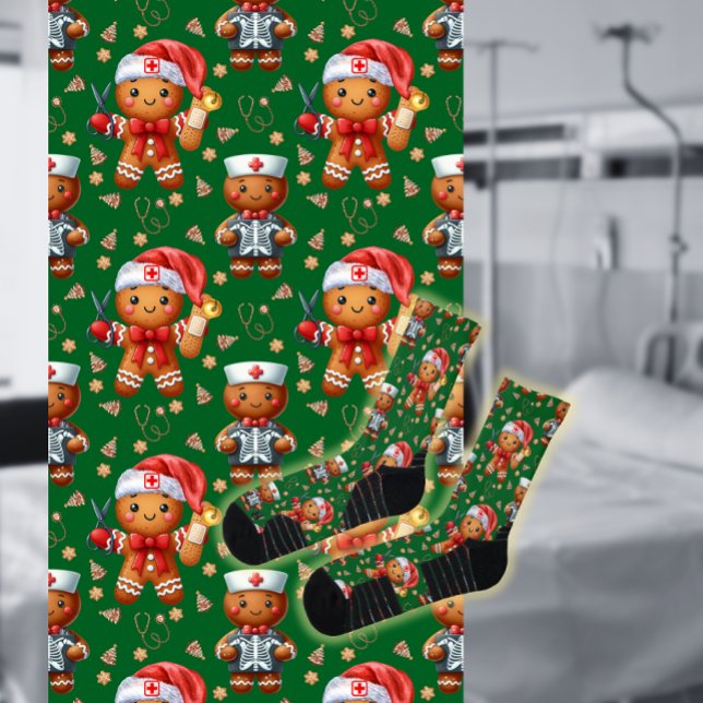 Chaussette Green Christmas Nurse Whimsical Gingerbread Homme (Créateur téléchargé)