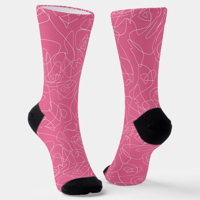 Chaussette Gribouillis abstraits blancs sur fond rose (Angulaire)
