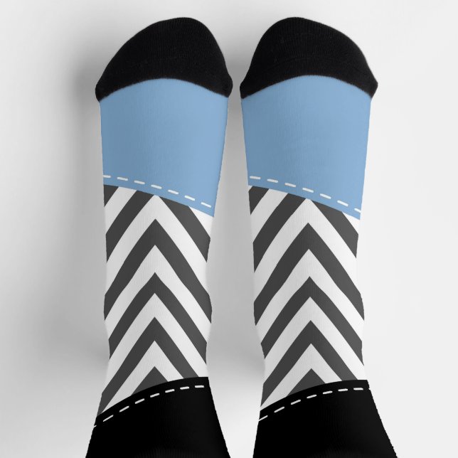 Chaussette Gris Zigzag, Gris Chevron, Motif Zigzag, Bleu (Haut)
