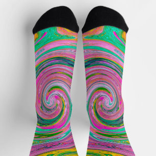 Chaussette Groovy Abstrait Rétro Tourbillon Rose et Vert Ment