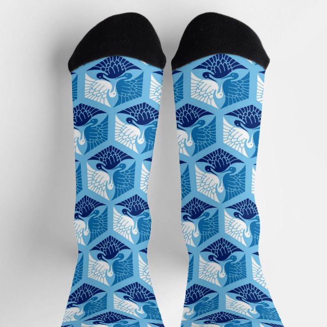Chaussette Grues japonaises, marine, blanche et bleu clair (Haut)