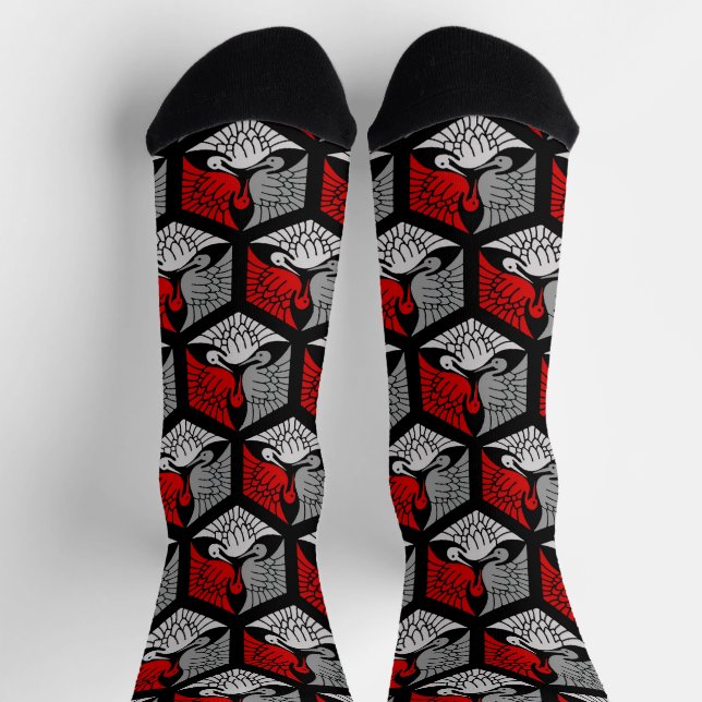 Chaussette Grues japonaises, rouge, gris / gris / noir (Haut)