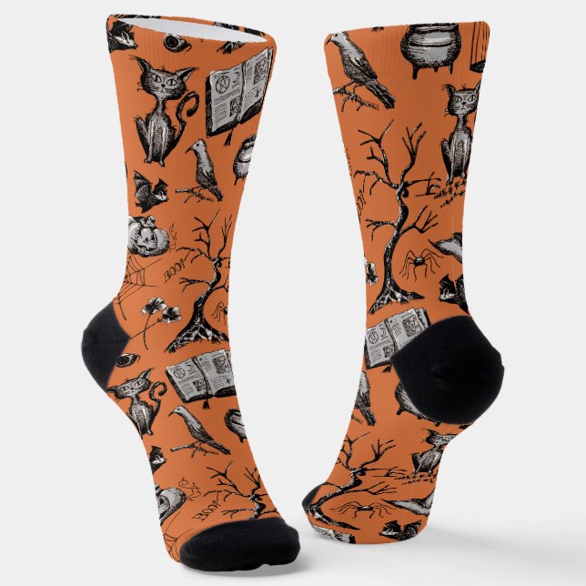 Chaussette Halloween Éffrayant et amusant orange et noir (Angulaire)
