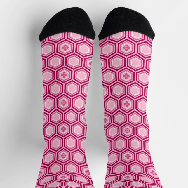 Chaussette Hexagonal Kimono Imprimer, Bourgogne et rose (Haut)