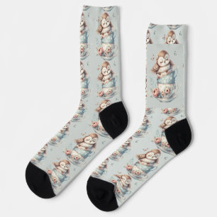 Chaussette Hibou endormi dans des tasses à thé florales empil