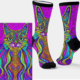 Chaussette Illustration de la ligne de chat Chat bleu et jaun