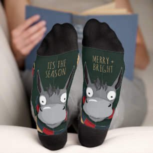 Chaussette Illustration festive d'âne d'hiver vert foncé