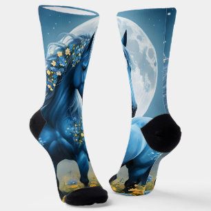 Chaussette Imaginaire Bleu Magique Cheval Lune Fleurs,