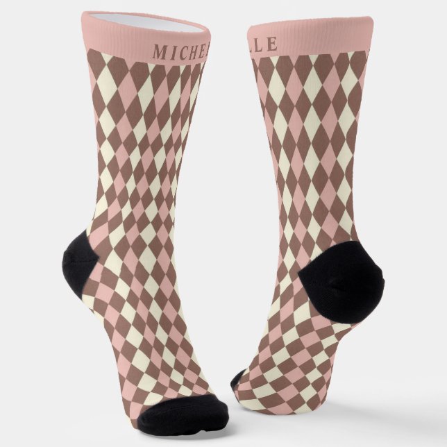 Chaussette Jacquard Brown Pastel rose  personnalisé Motif (Angulaire)