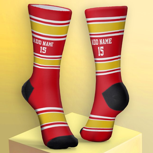 Chaussette Jersey Sport jaune rouge et doré - Nom Numéro (Custom Sport Socks - Add Jersey Name and Number)