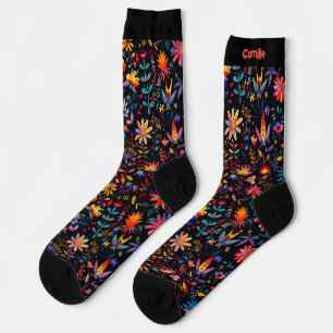 Chaussette Joli Colorful Botanical Art Midnight Nom Personnal