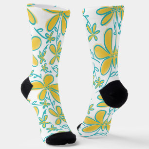 Chaussette Joli été motif de fleurs jaune et turquoise