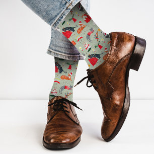 Chaussette joli motif de chat rétro vert Noël