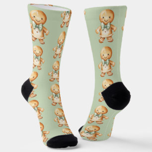 Chaussette Joli motif de fille en pain d'épice aquarelle vert