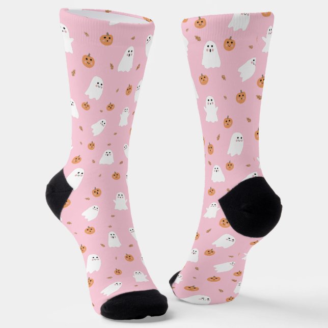 Chaussette Joli motif Halloween rose Fantôme et Citrouille (Angulaire)