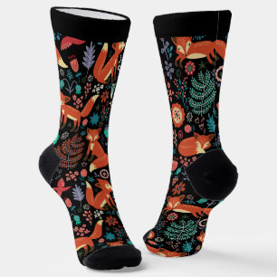 Chaussette Joli Renard Rouge Et Fleurs Motif