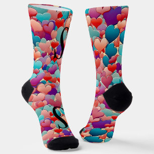 Chaussette Joli rose turquoise, coeur violet, monogramme