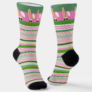 Chaussette Lapins blancs sur les rayures rose et verte, Pâque