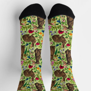 Chaussette Lapins et fleurs sauvages sur fond vert melon