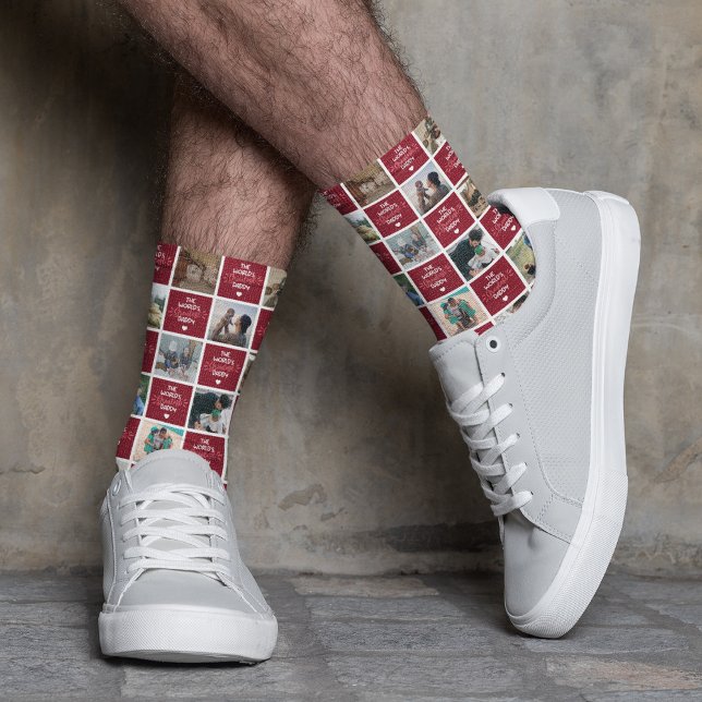 Chaussette Le plus grand papa du monde Collage photo rouge (Créateur téléchargé)