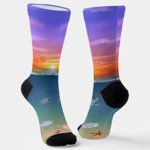 Chaussette Lever de soleil sur l'océan, tortues et perles