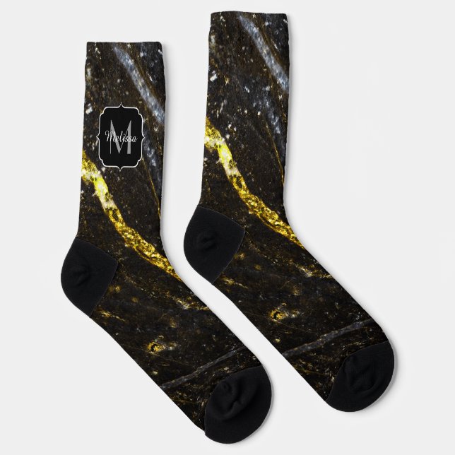 Chaussette Ligne brillante or noir chic abstrait Monogramme (Droite)