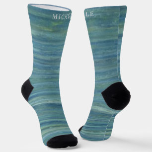 Chaussette Lignes de marbre bleu vert turquoise Nom personnal