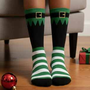 Chaussette Lutin de Noël de Père Noël en vert rayé noir