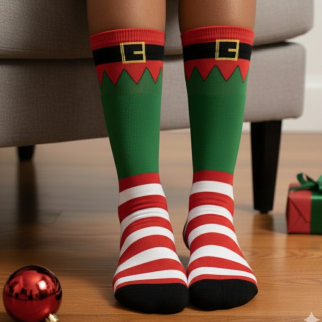 Chaussette Lutin de Noël Rouge Rayé Vert (Santa's Elf Christmas Red Striped Green Socks
)