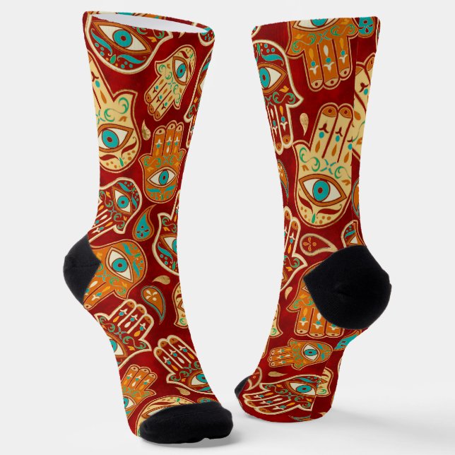 Chaussette Main de Hamsa - Main de Fatima rouge Turquoise (Angulaire)