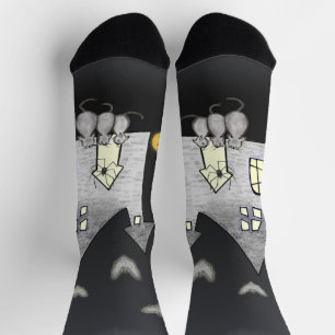 Chaussette Maison d'Halloween, chats noirs, chauves-souris, c
