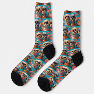 Chaussette Malti Tzu avec Roses de coeur Saint Valentin