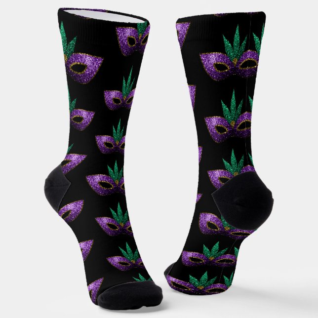 Chaussette Mardi Gras Masque violet vert or éclaboussures mot (Angulaire)