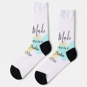 Chaussette Mariage fait au ciel bleu jaune pastel cœur nom