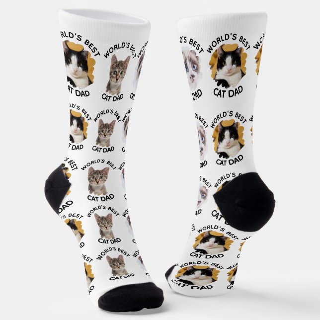 Chaussette Meilleur Chat Papa - Custom 3 Photos de Chat Blanc (Angulaire)