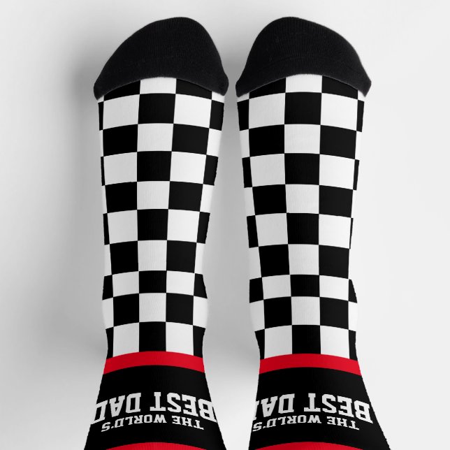 Chaussette Meilleur papa du monde à damiers drapeau rouge noi (Haut)