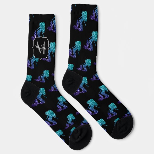 Chaussette Mermaid aqua bleu ombre motif Monogramme (Droite)