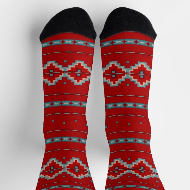 Chaussette Mesas sud-ouest Grille géométrique Rouge et Turquo (Haut)