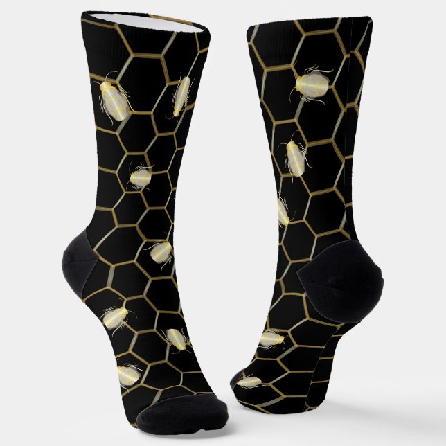 Chaussette Miel de couleur or Bee Honeycomb Design Noir (Angulaire)