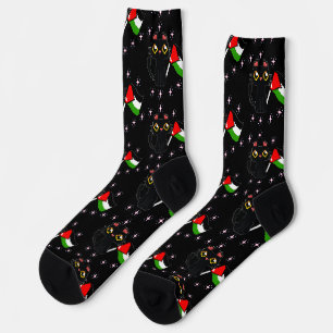 Chaussette mignon chat noir tient drapeau de la Palestine