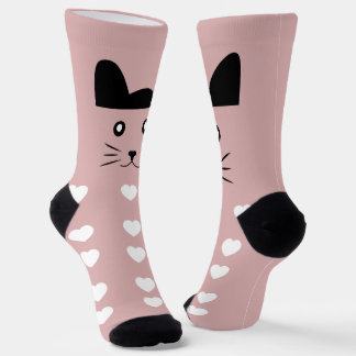 Chaussette Mignon Minou Rose Visage Cœurs Blancs Animaux Kawa