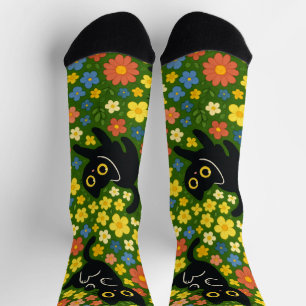 Chaussette Mignons Chats Noirs Motif Floral de Prairie