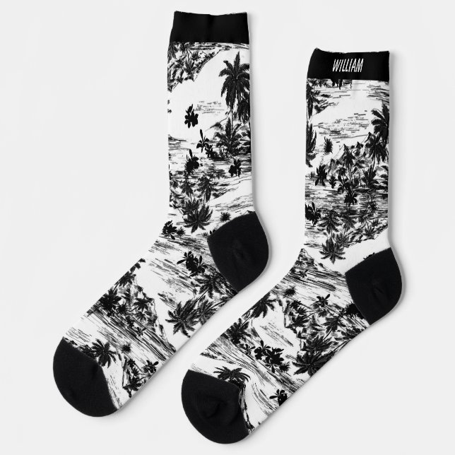 Chaussette Moderne Tropical Hawaiian Island Nom noir et blanc (Gauche)