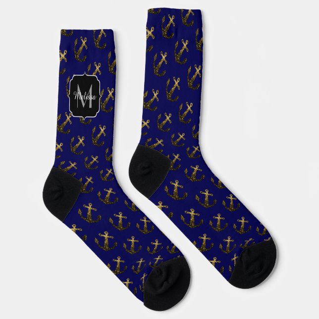 Chaussette Monogramme bleu marine du motif d'Ancre d'or faux  (Droite)