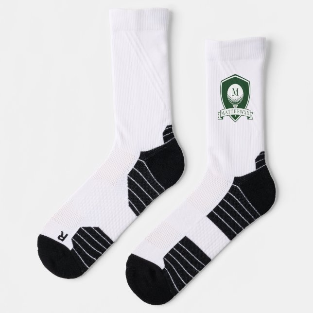 Chaussette Monogramme Initial Nom Moderne Vert Foncé et Blanc (Gauche)