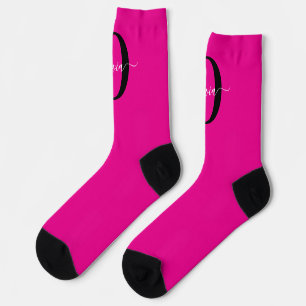 Chaussette Monogramme personnalisé Nom du script rose noir bl